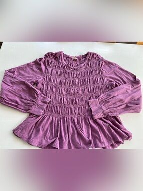 Anthropologie Ruched Purple Cotton Long Sleeve Tee Size XL